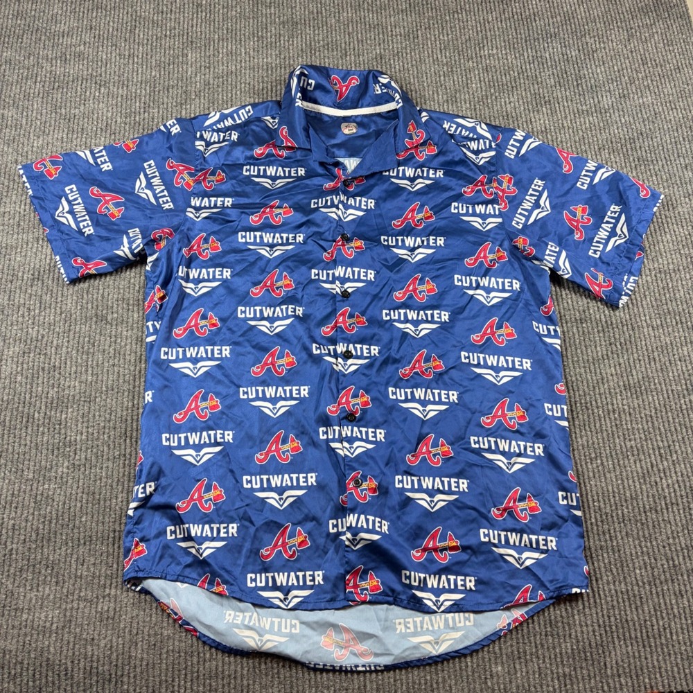 MLB Atlanta Braves Cutwater Spirits Hawaiian Shirt‎ Mens Large Blue Short Sleeve